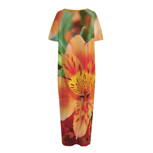 Orange Alstroemeria Print Short Sleeve Long Nightdress