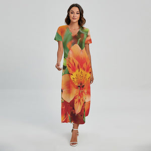 Orange Alstroemeria Print Short Sleeve Maxi Dress