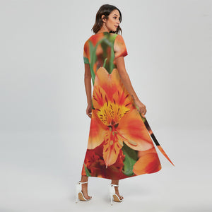 Orange Alstroemeria Print Short Sleeve Maxi Dress