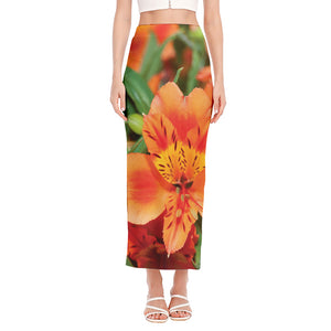 Orange Alstroemeria Print Side Slit Maxi Skirt