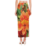 Orange Alstroemeria Print Side Slit Maxi Skirt