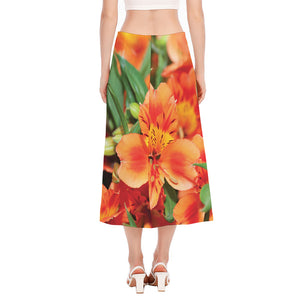 Orange Alstroemeria Print Side Slit Midi Skirt