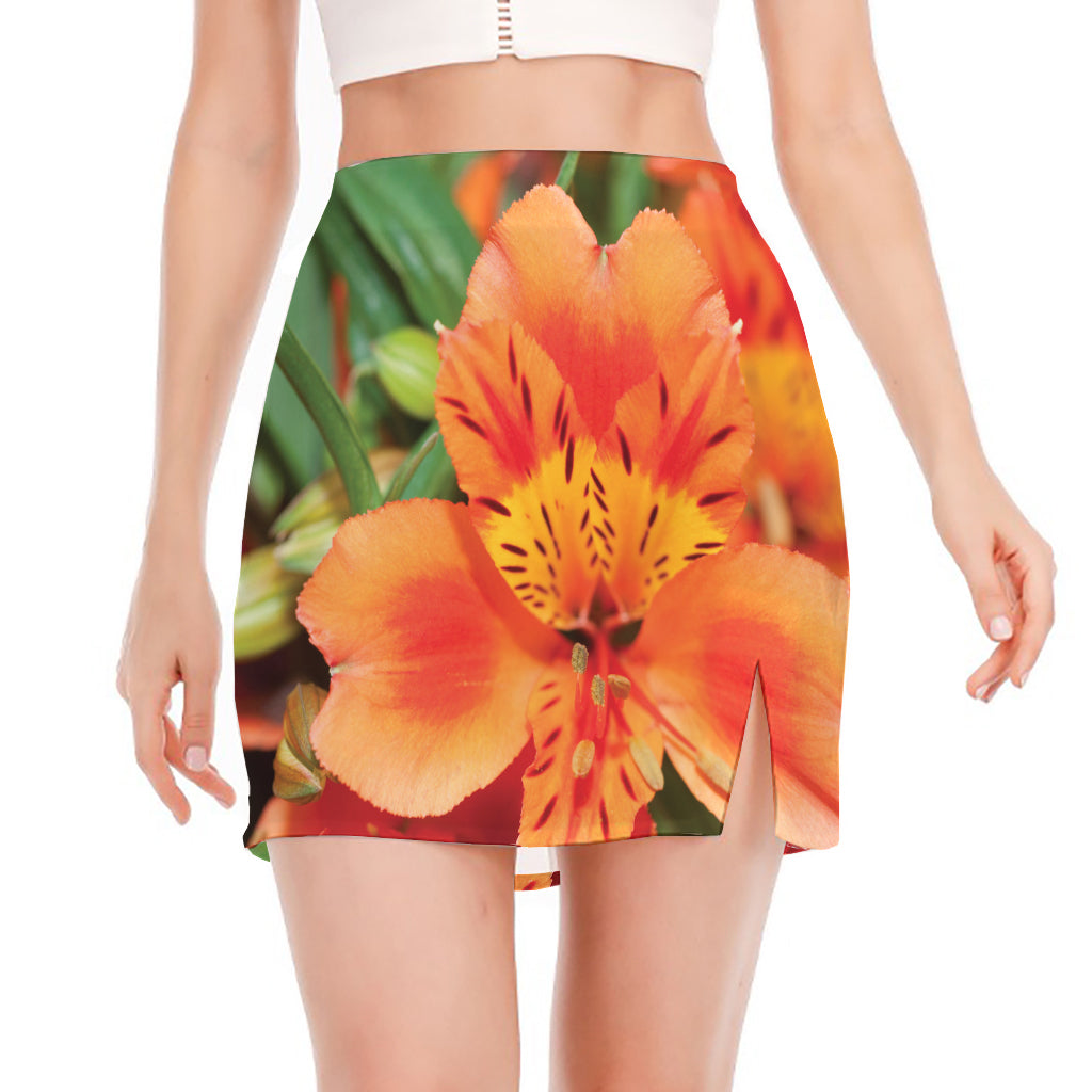 Orange Alstroemeria Print Side Slit Mini Skirt