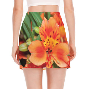 Orange Alstroemeria Print Side Slit Mini Skirt