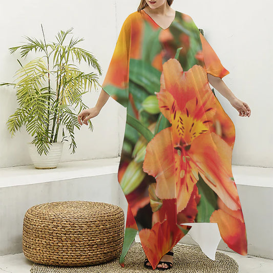 Orange Alstroemeria Print Silk V-Neck Kaftan Dress