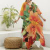 Orange Alstroemeria Print Silk V-Neck Kaftan Dress