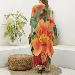 Orange Alstroemeria Print Silk V-Neck Kaftan Dress