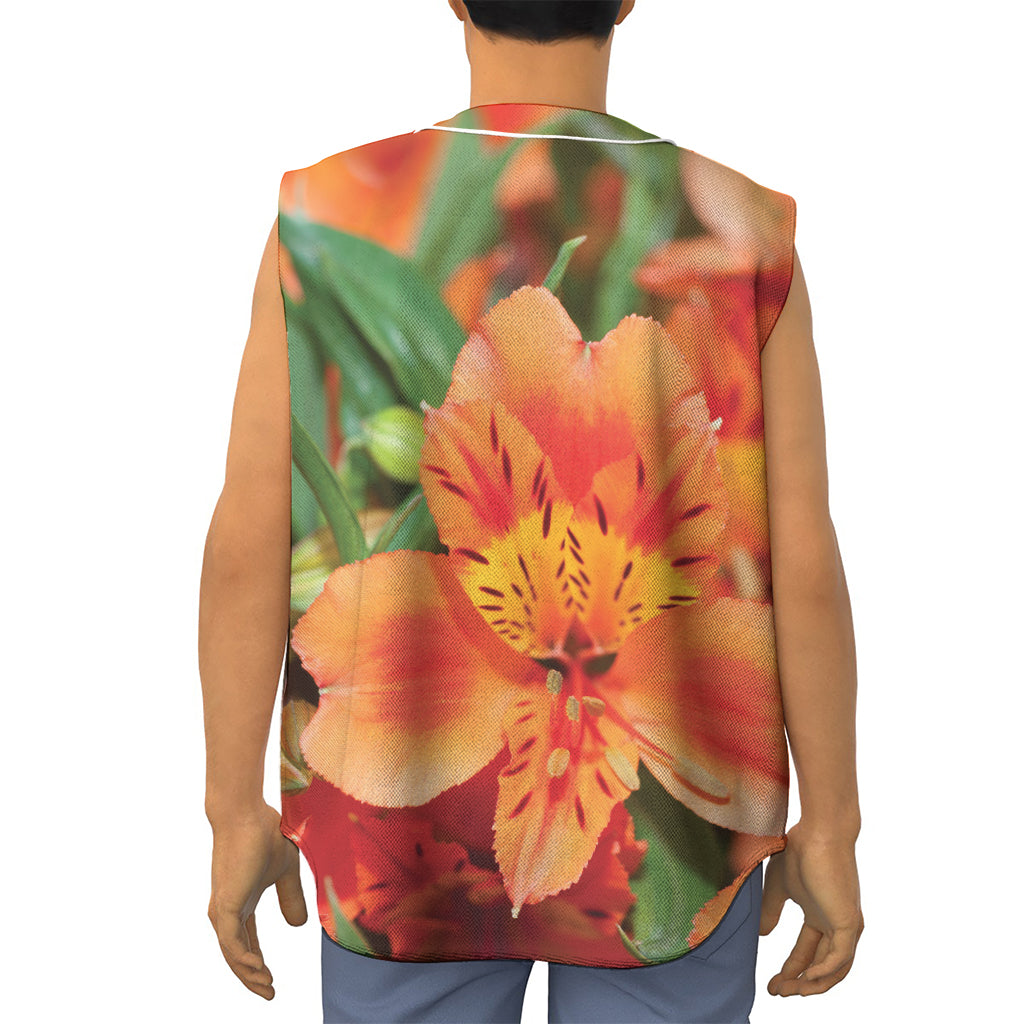 Orange Alstroemeria Print Sleeveless Baseball Jersey