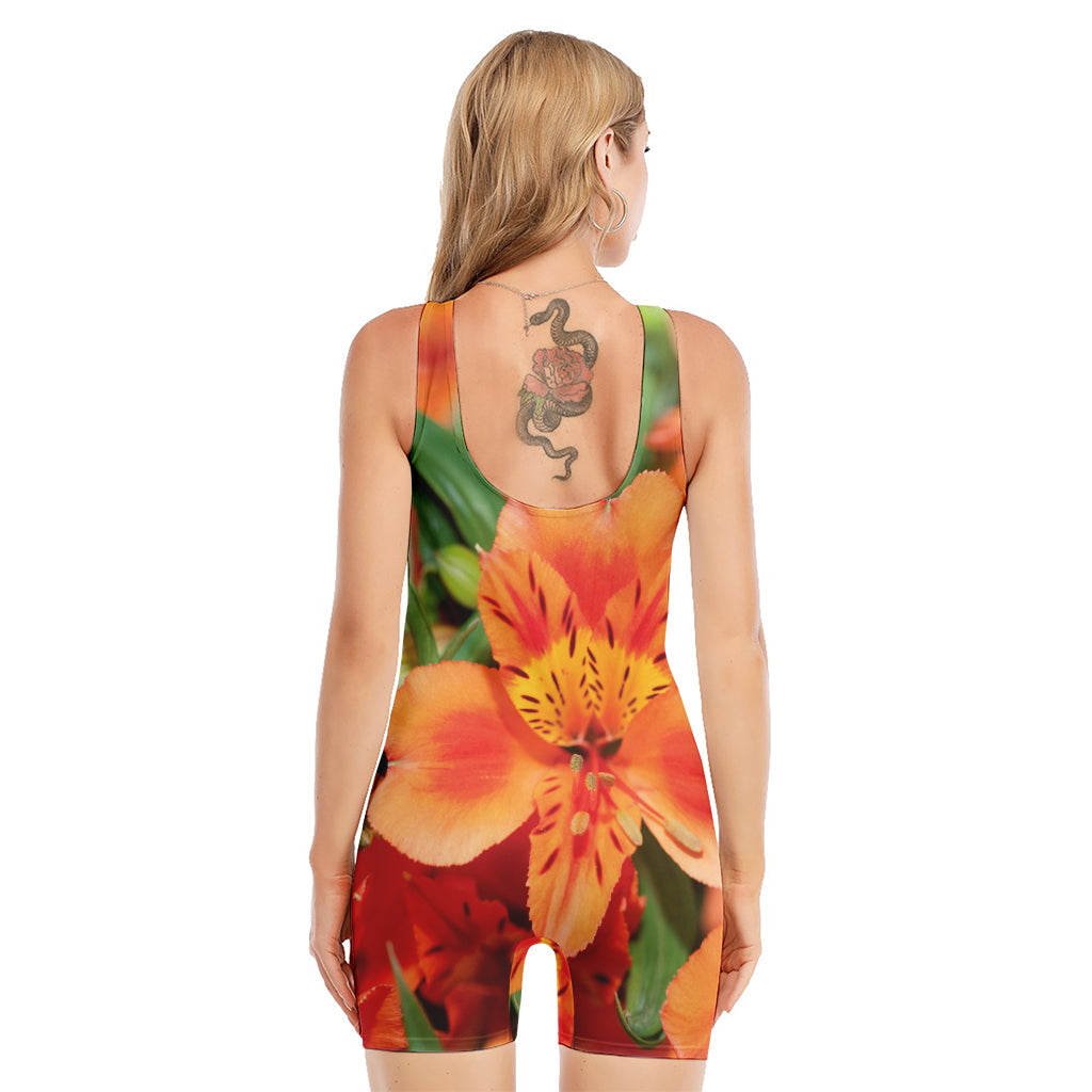 Orange Alstroemeria Print Sleeveless One Piece Swimsuit