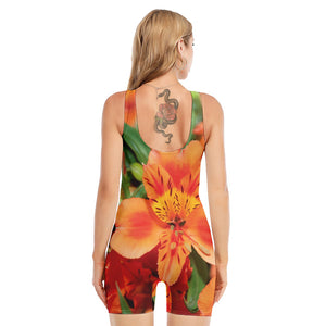 Orange Alstroemeria Print Sleeveless One Piece Swimsuit