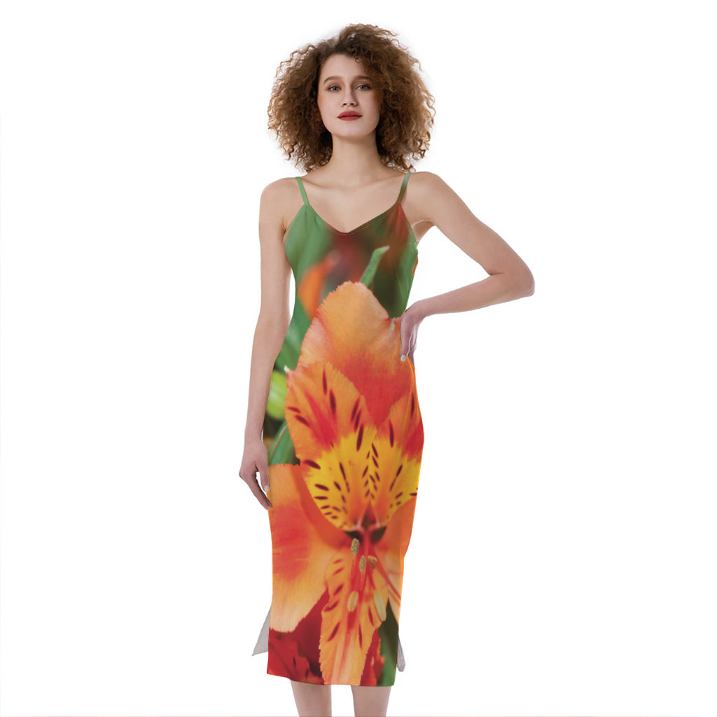 Orange Alstroemeria Print Slim Fit Midi Cami Dress