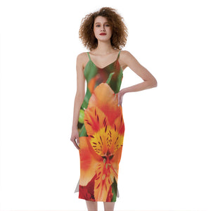 Orange Alstroemeria Print Slim Fit Midi Cami Dress