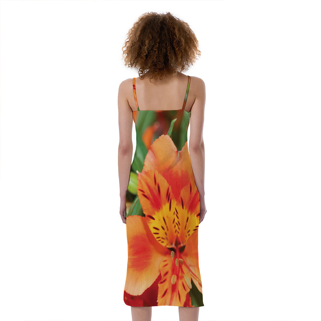 Orange Alstroemeria Print Slim Fit Midi Cami Dress