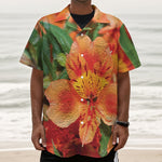 Orange Alstroemeria Print Textured Short Sleeve Shirt