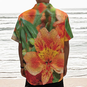 Orange Alstroemeria Print Textured Short Sleeve Shirt