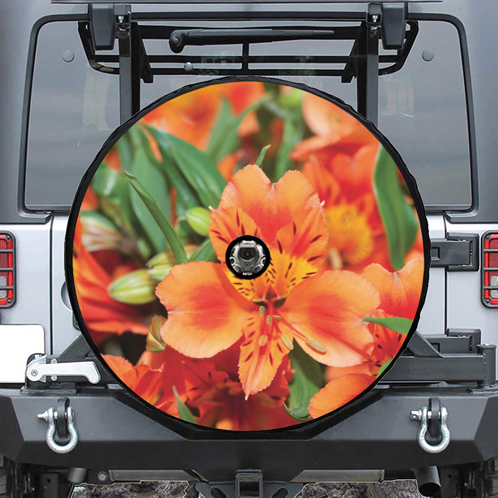 Orange Alstroemeria Print Tire Cover With Camera Hole
