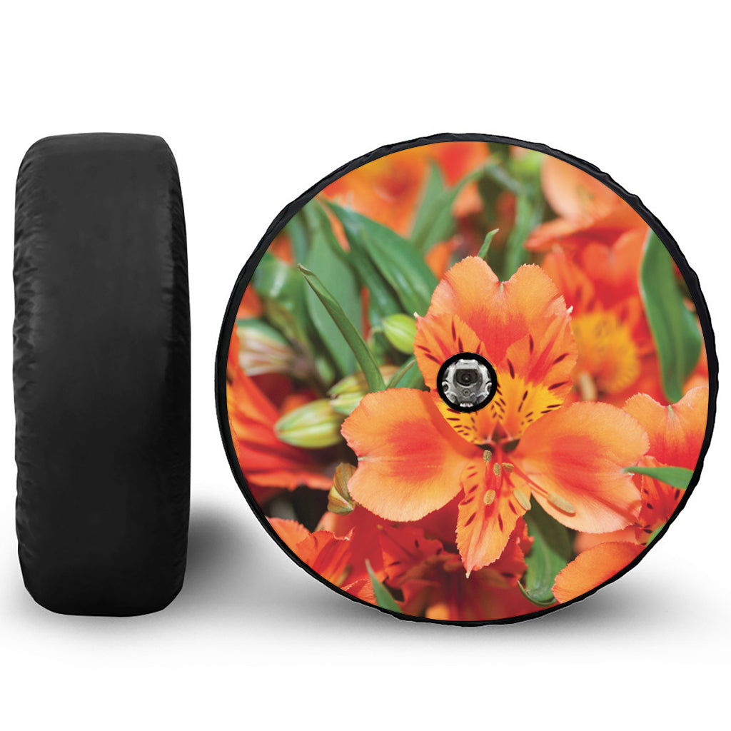 Orange Alstroemeria Print Tire Cover With Camera Hole
