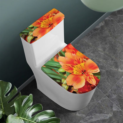 Orange Alstroemeria Print Toilet Lid And Tank Cover Set