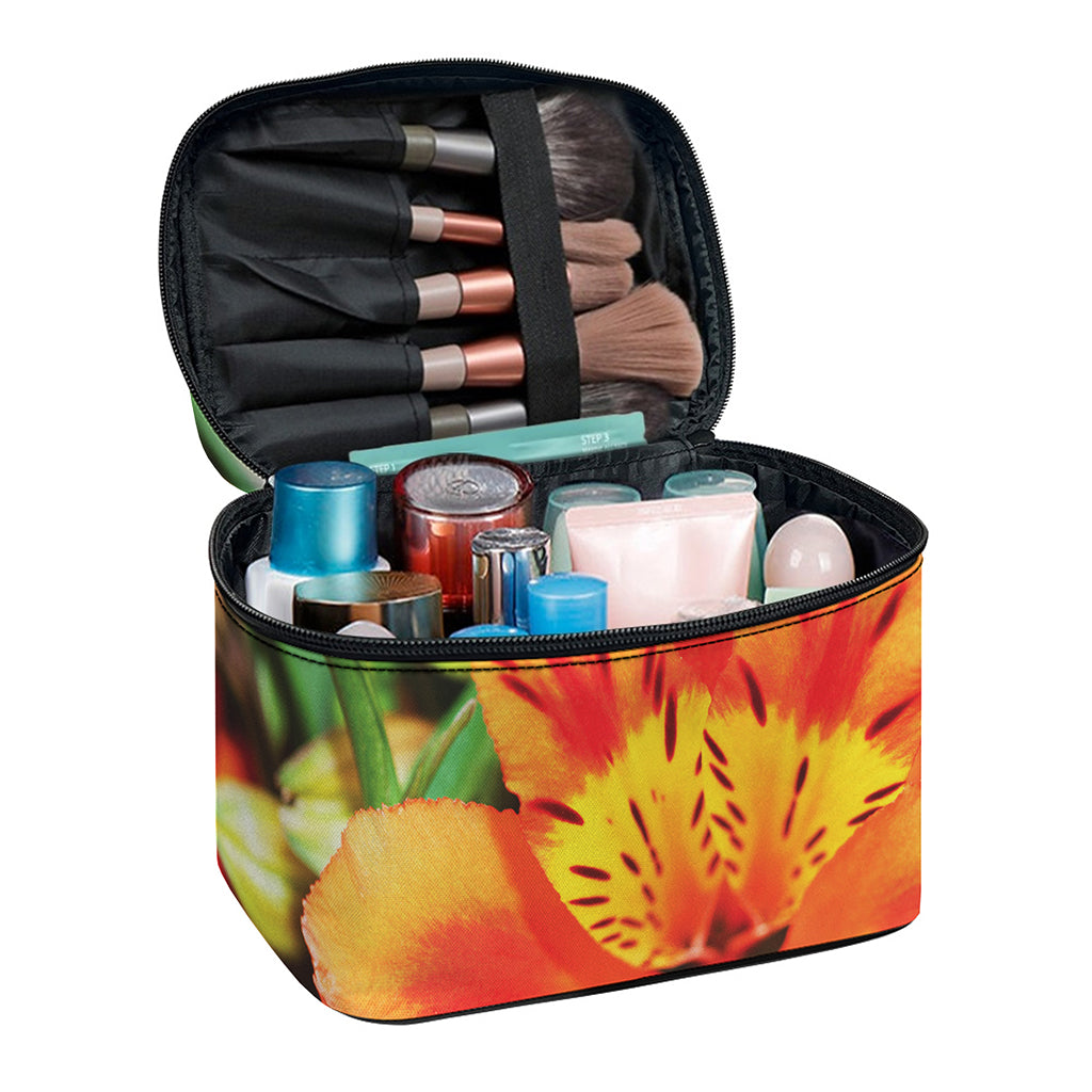 Orange Alstroemeria Print Travel Makeup Bag