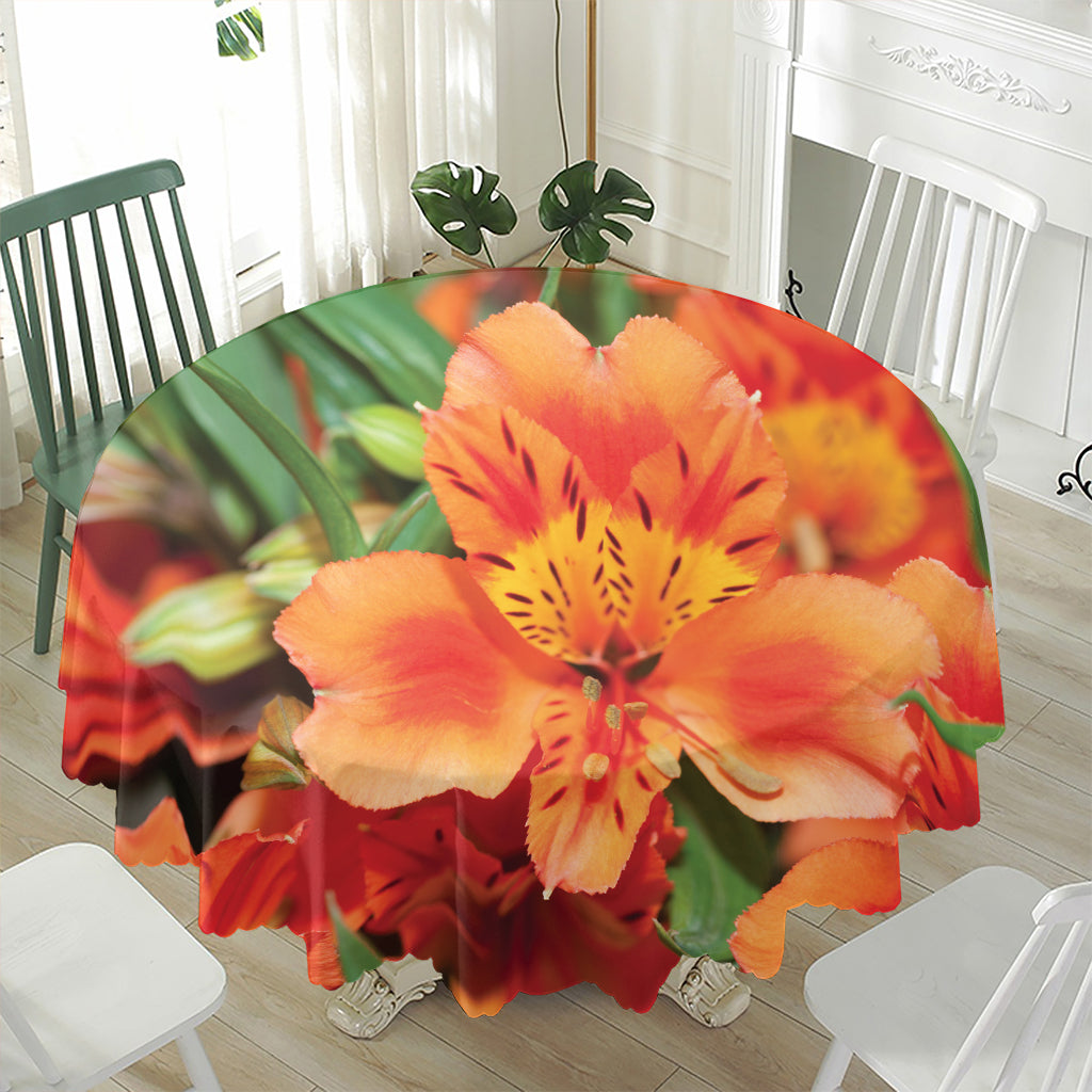 Orange Alstroemeria Print Waterproof Round Tablecloth