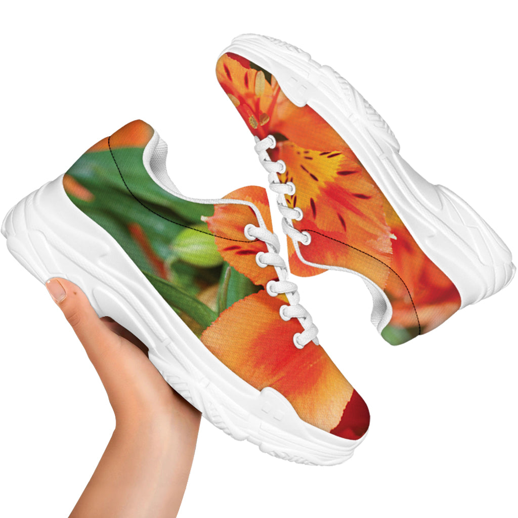 Orange Alstroemeria Print White Chunky Shoes