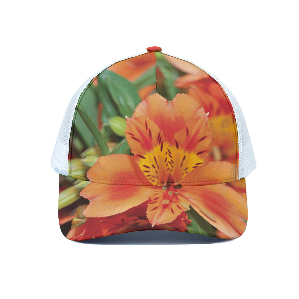 Orange Alstroemeria Print White Mesh Trucker Cap