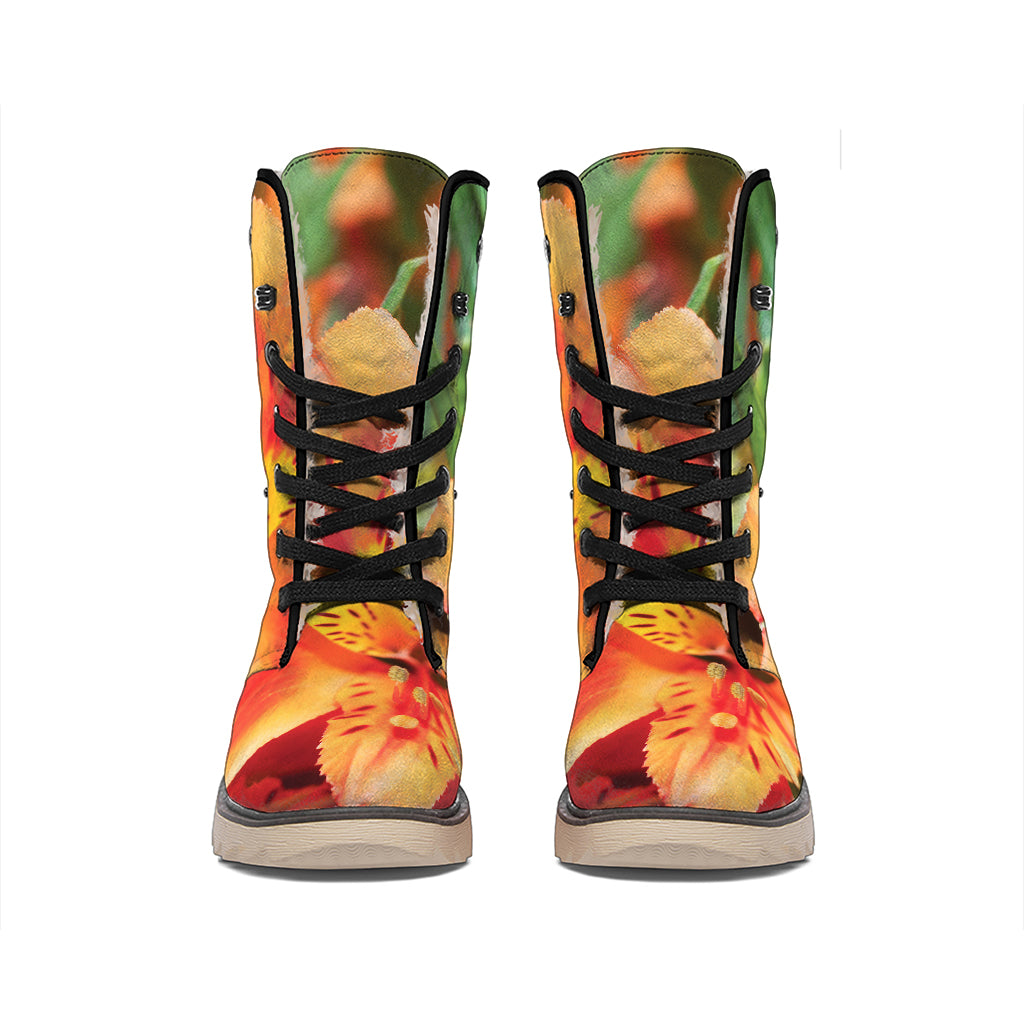 Orange Alstroemeria Print Winter Boots
