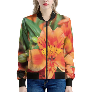 Orange Alstroemeria Print Women's Bomber Jacket