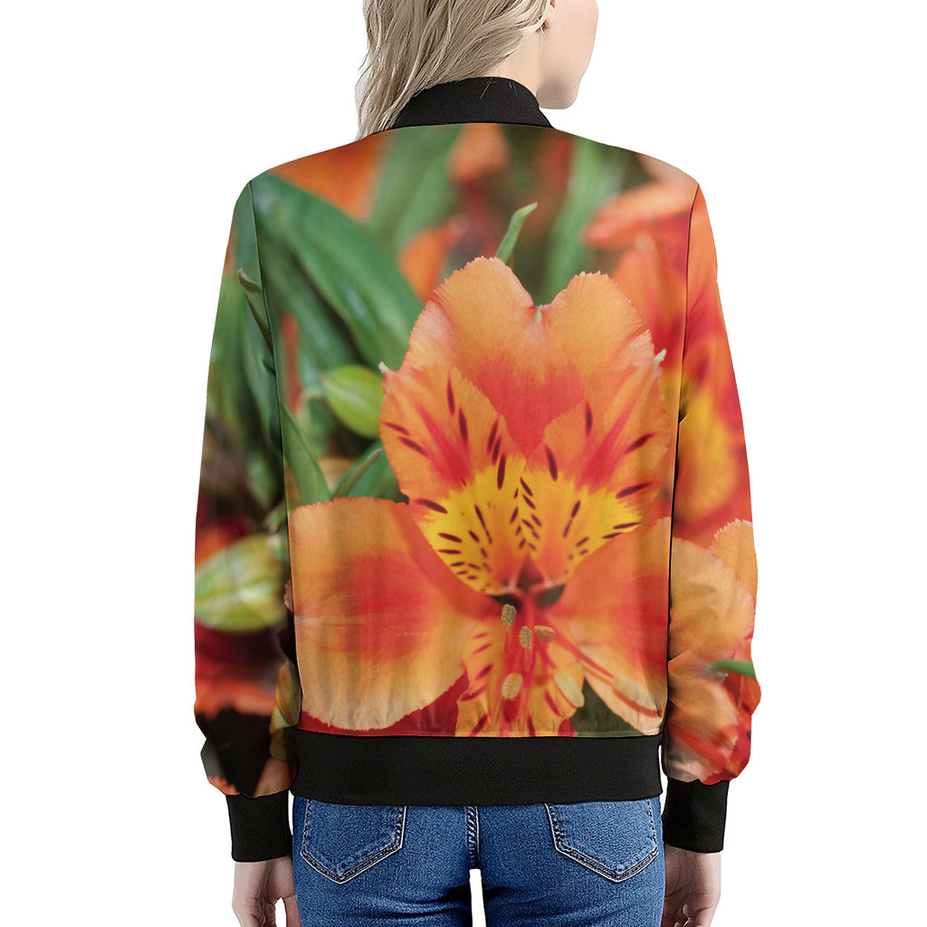 Orange Alstroemeria Print Women's Bomber Jacket