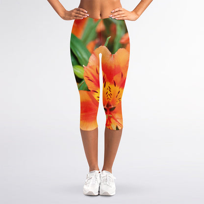 Orange Alstroemeria Print Women's Capri Leggings
