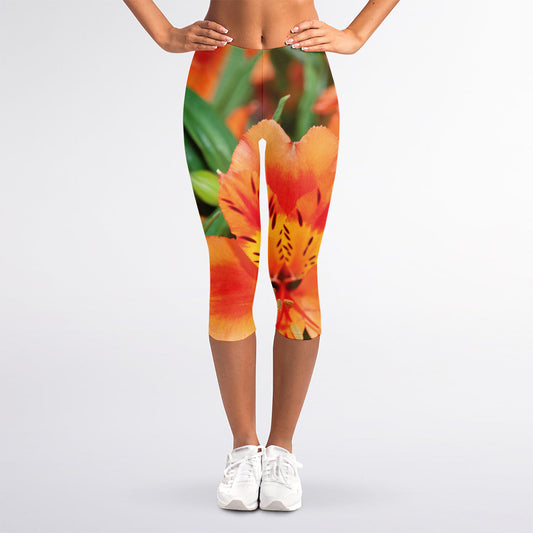 Orange Alstroemeria Print Women's Capri Leggings