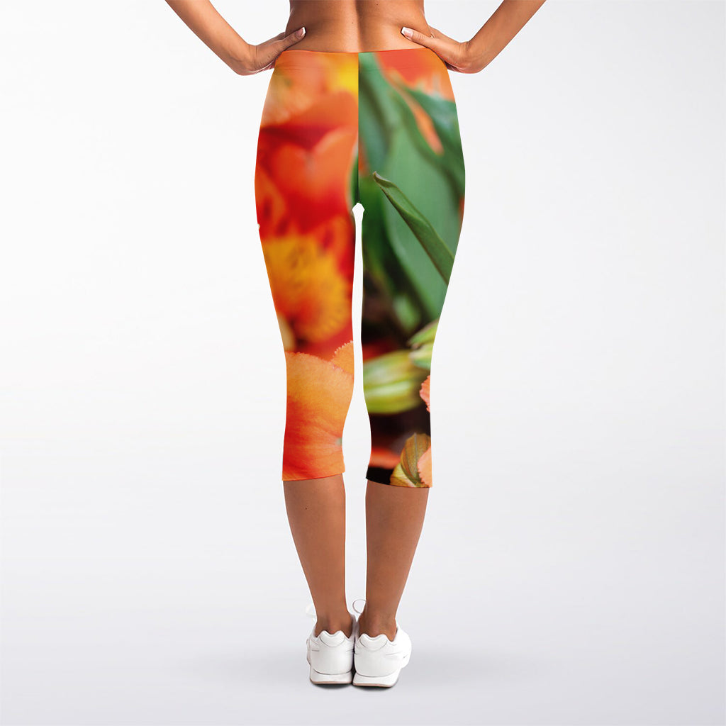 Orange Alstroemeria Print Women's Capri Leggings