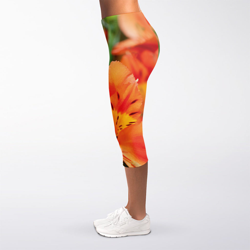 Orange Alstroemeria Print Women's Capri Leggings