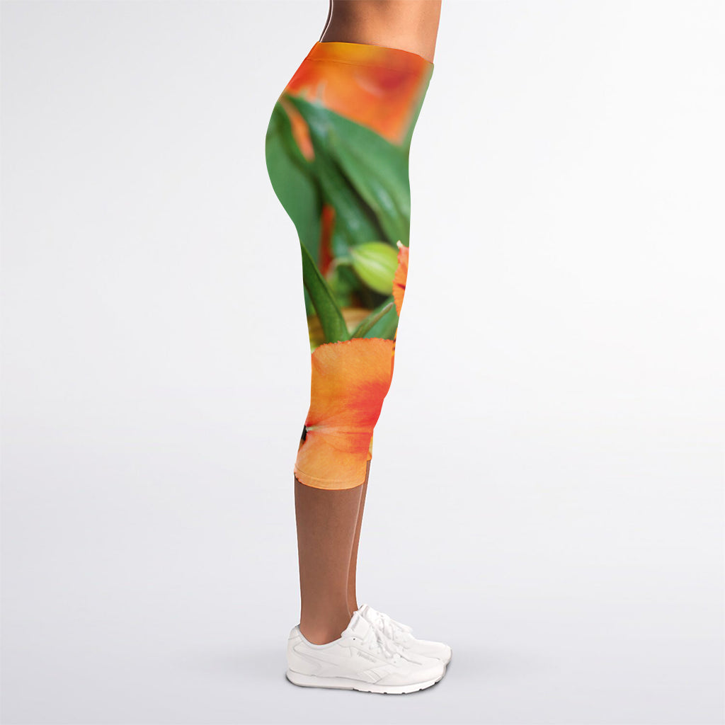 Orange Alstroemeria Print Women's Capri Leggings
