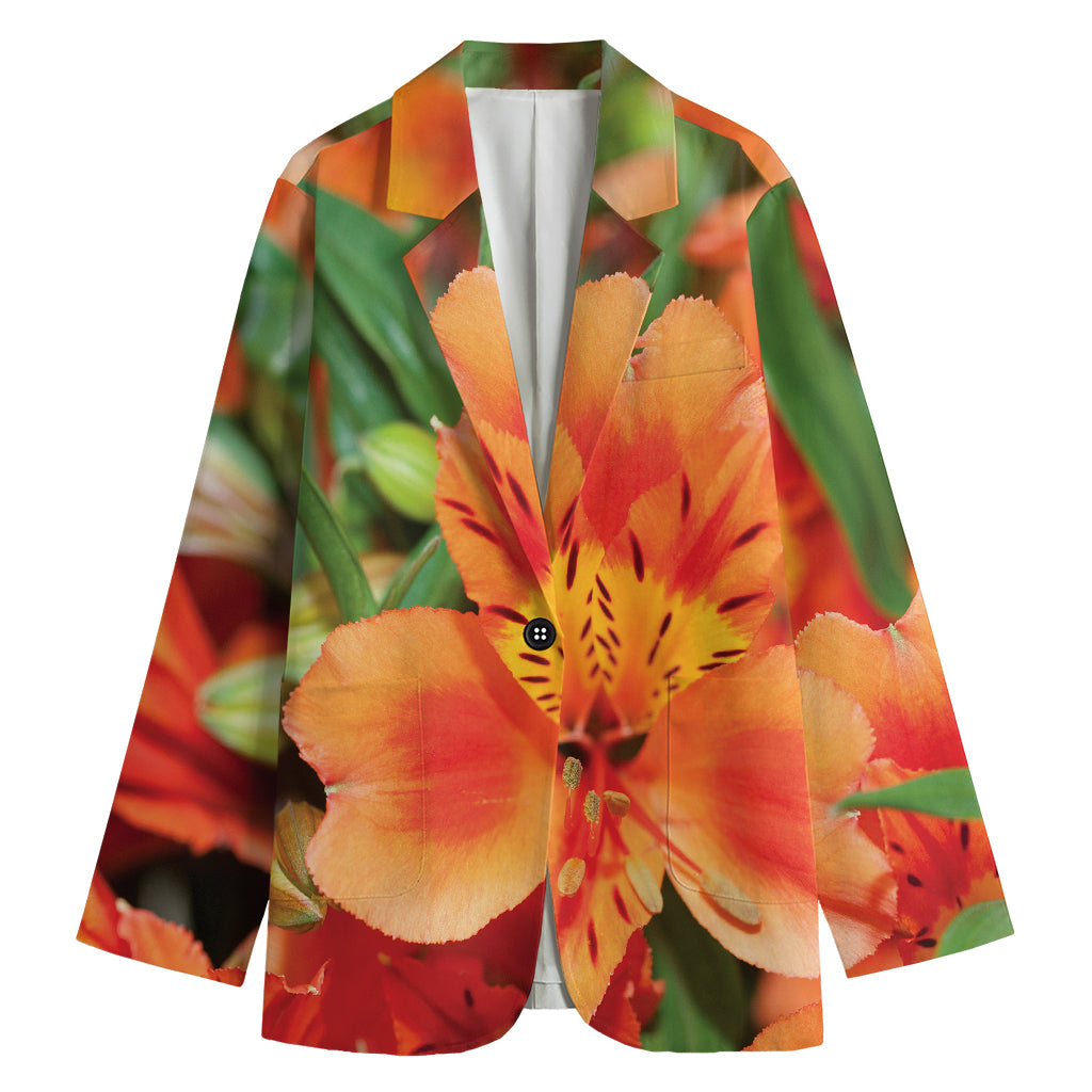 Orange Alstroemeria Print Women's Cotton Blazer