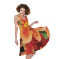Orange Alstroemeria Print Sleeveless Knee Length Dress