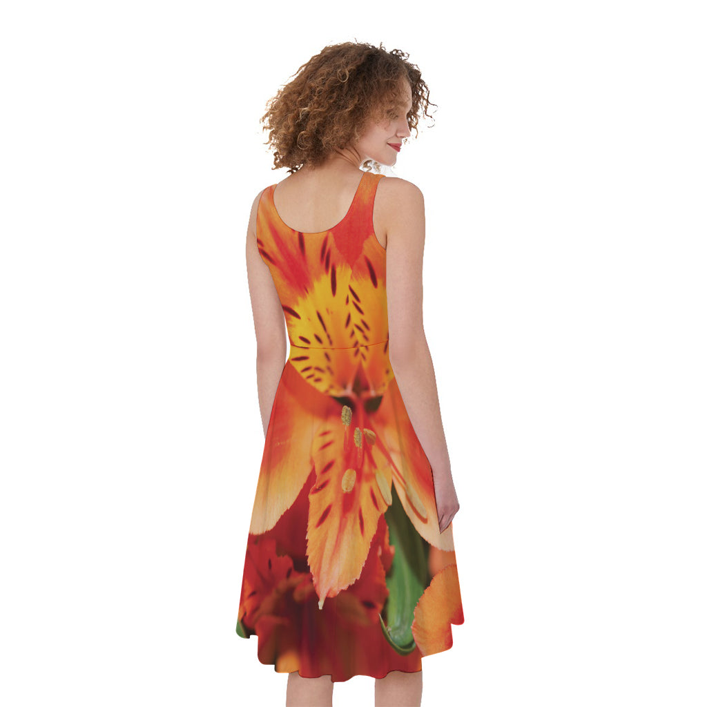 Orange Alstroemeria Print Women's Sleeveless Dress