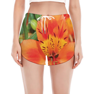 Orange Alstroemeria Print Women's Split Running Shorts