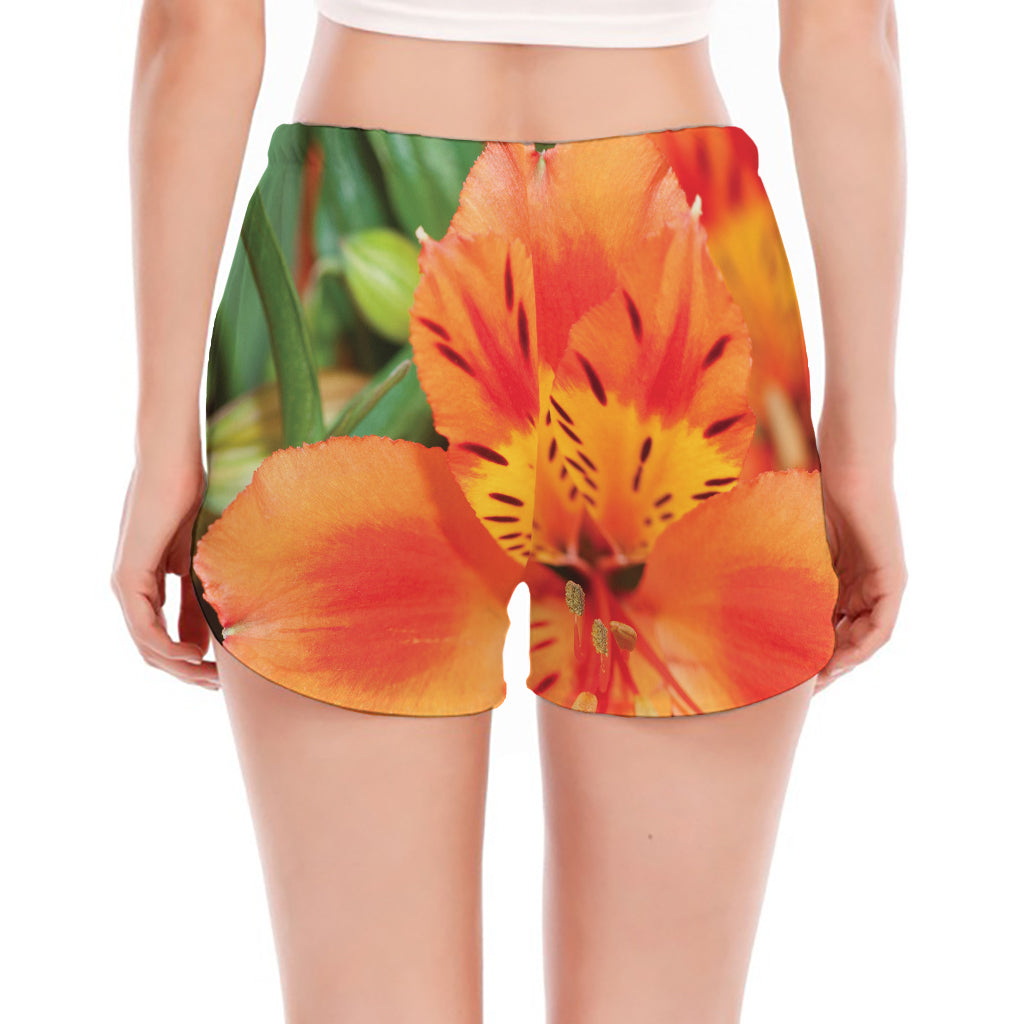 Orange Alstroemeria Print Women's Split Running Shorts