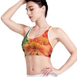 Orange Alstroemeria Print Women's Sports Bra