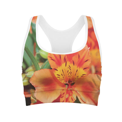 Orange Alstroemeria Print Women's Sports Bra