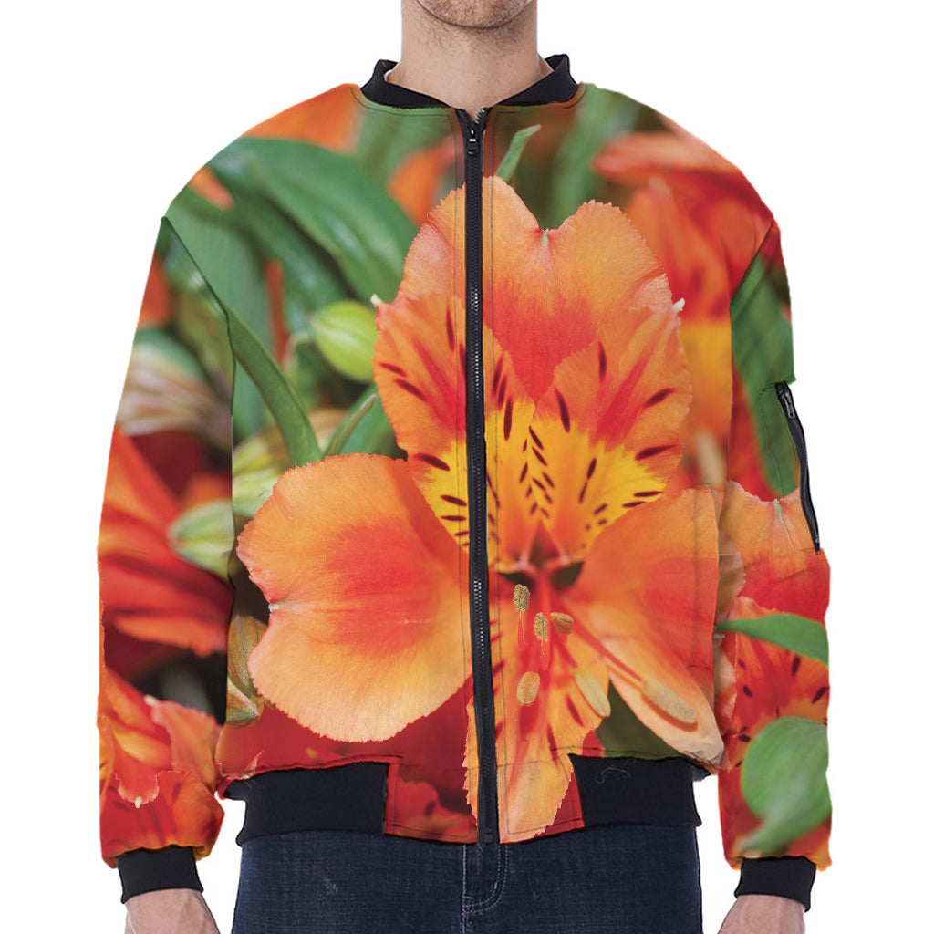 Orange Alstroemeria Print Zip Sleeve Bomber Jacket