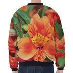 Orange Alstroemeria Print Zip Sleeve Bomber Jacket