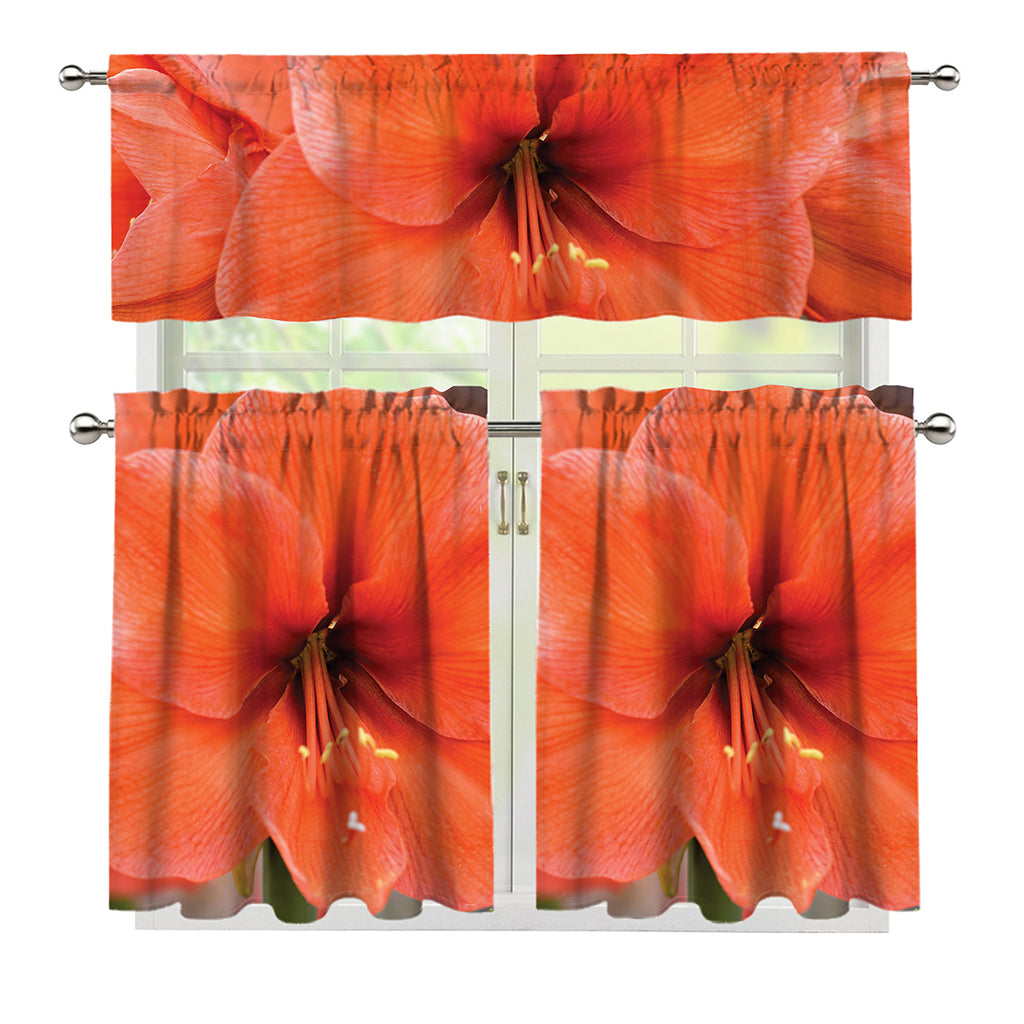 Orange Amaryllis Print 3 Piece Kitchen Curtains