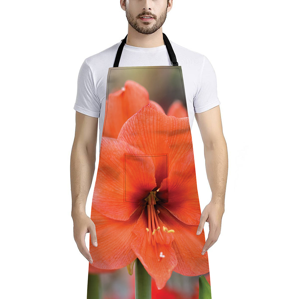Orange Amaryllis Print Bib Apron With Pocket