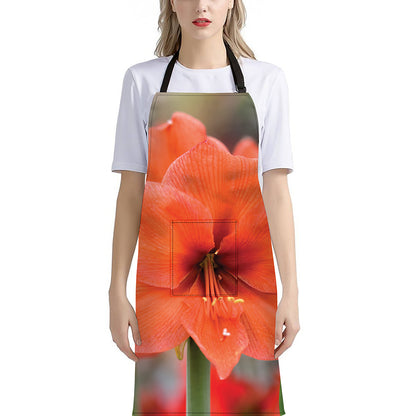 Orange Amaryllis Print Bib Apron With Pocket