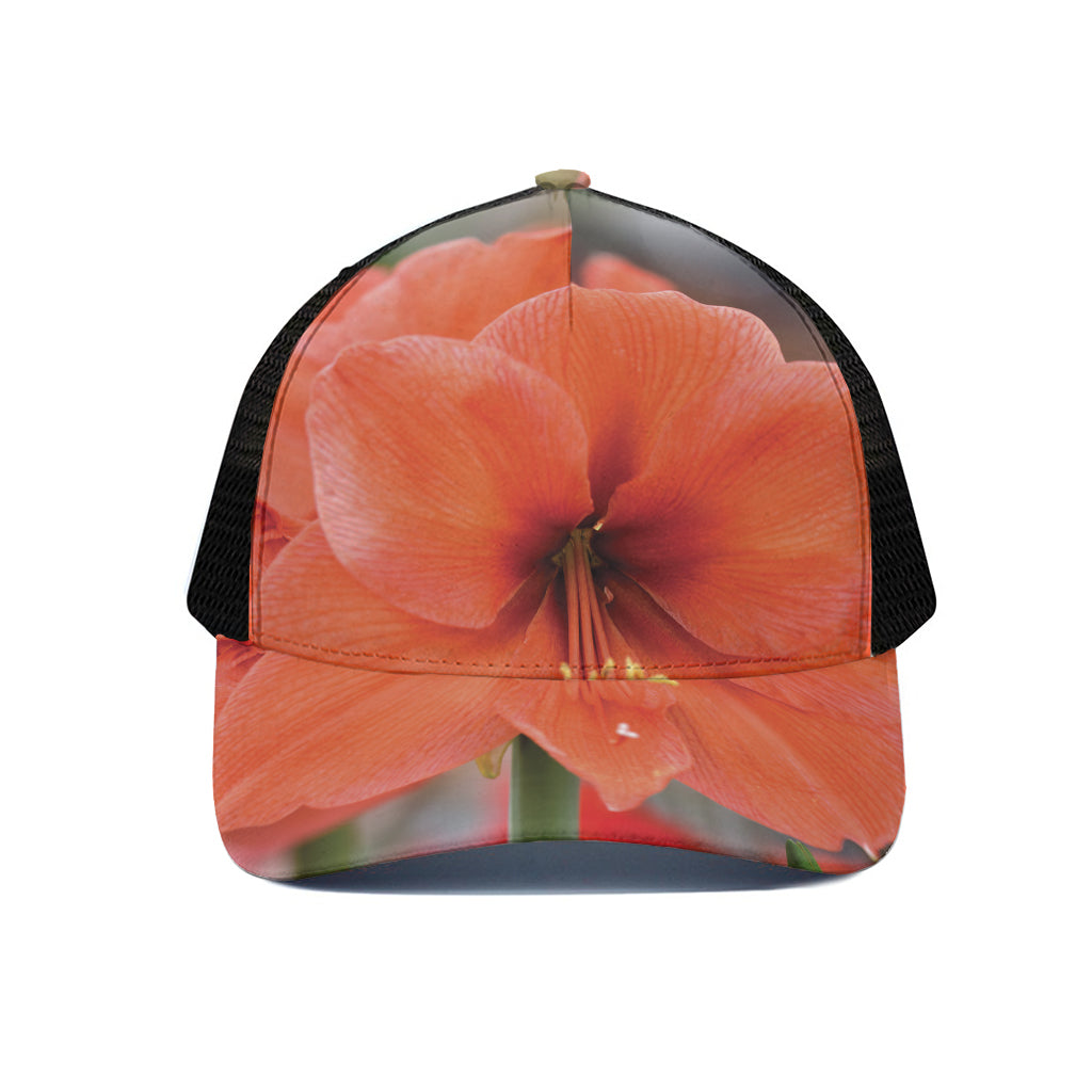 Orange Amaryllis Print Black Mesh Trucker Cap