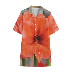 Orange Amaryllis Print Cotton Hawaiian Shirt