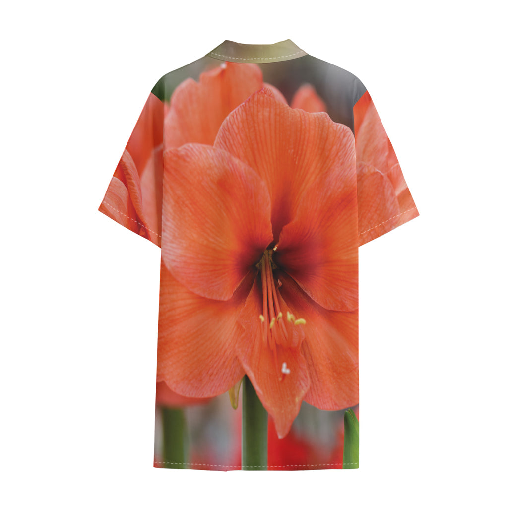 Orange Amaryllis Print Cotton Hawaiian Shirt