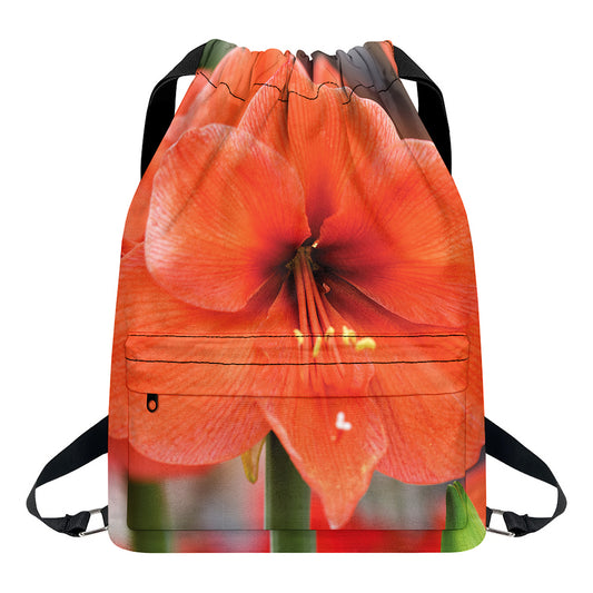 Orange Amaryllis Print Drawstring Backpack